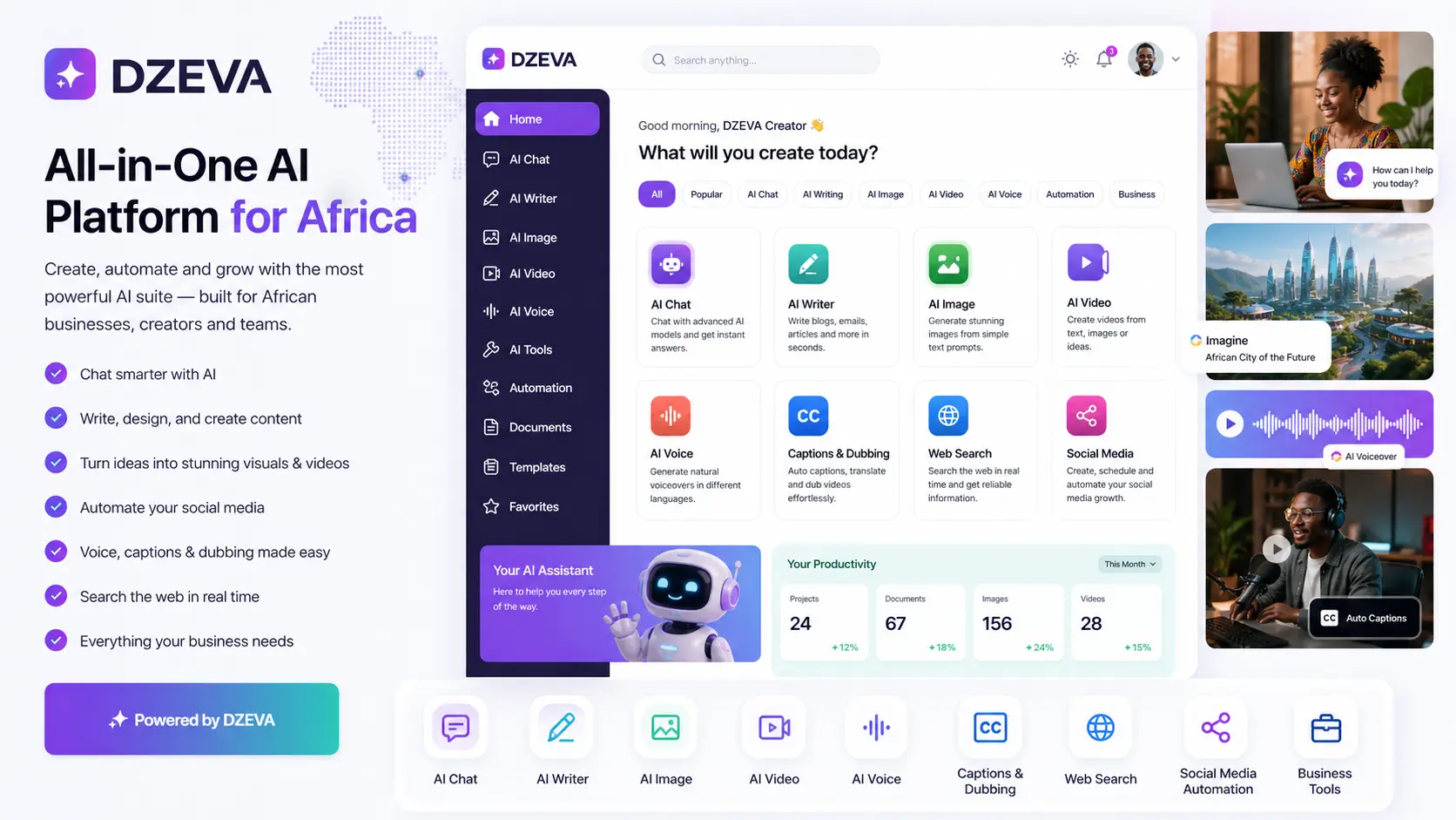 DZEVA AI platform feature overview showing chat, writing, media, voice, automation, and productivity tools